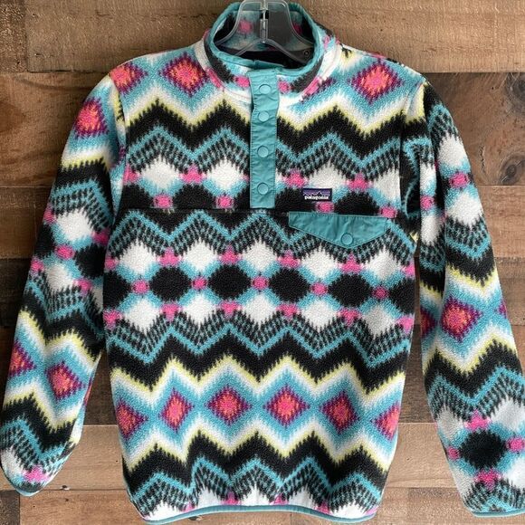 Patagonia Girls Retro Aztec Print Lightweight Synchilla Snap-T Pullover Fleece L - Picture 1 of 13